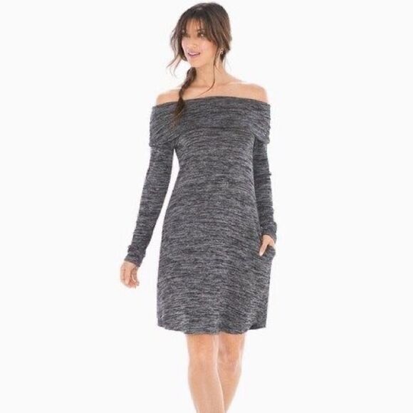 Soma Melange Off The Shoulder Long Sleeve Mini Cozy Dress Black Grey Size Small - Picture 1 of 9
